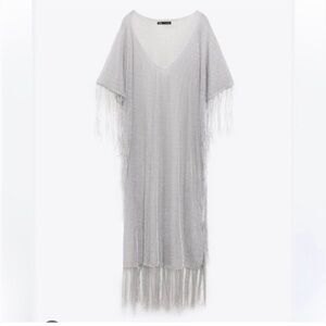 Zara silver fringed metallic thread kaftan dress Size M
